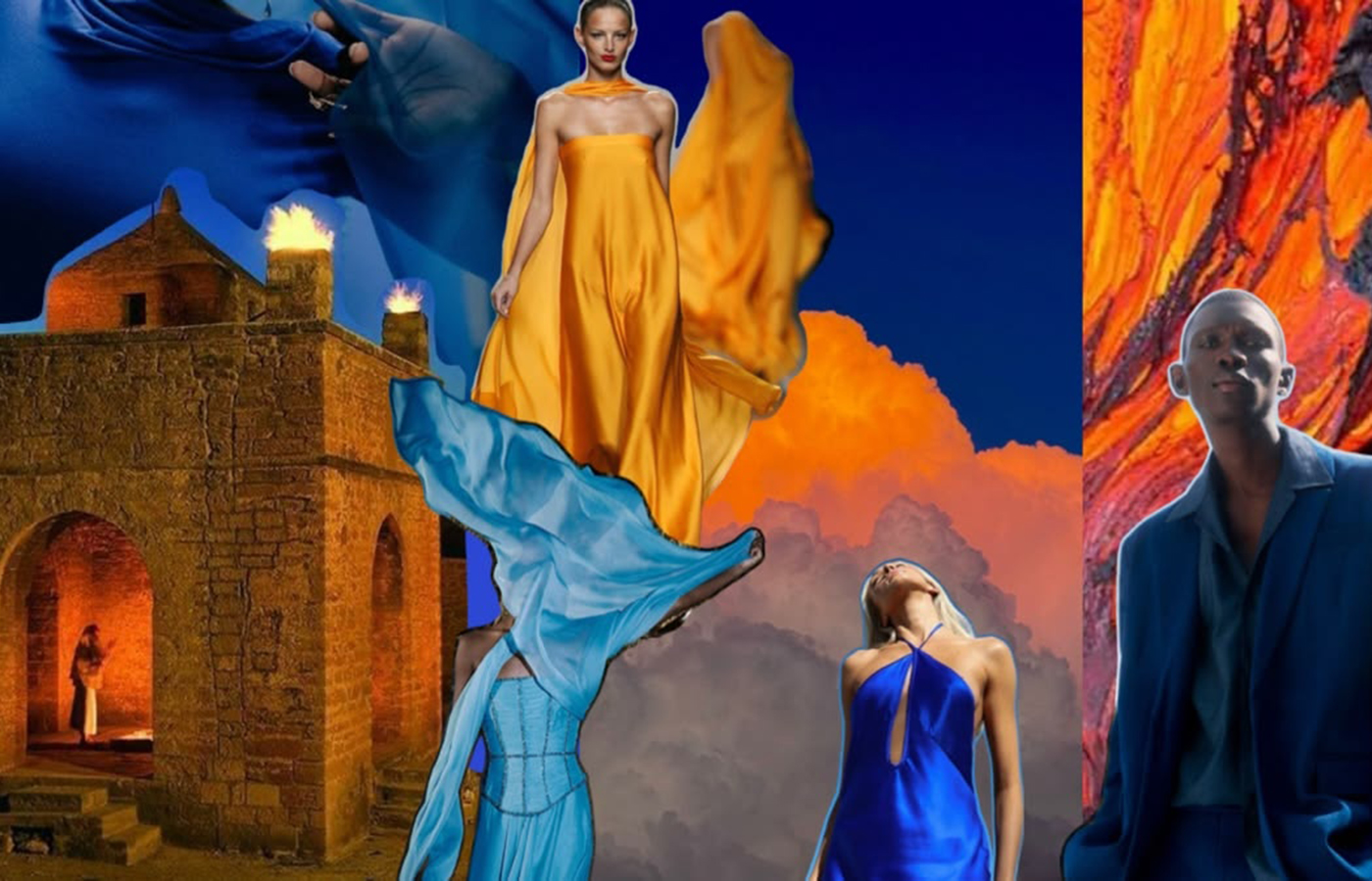 Dress code moodboard — cobalt and electric blues with saffron orange, fire temple and lava textures