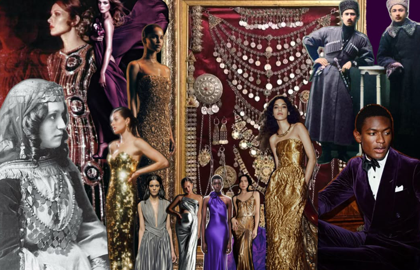 Dress code moodboard — gold, bronze and purple gowns with ornate jewelry and historical portraits
