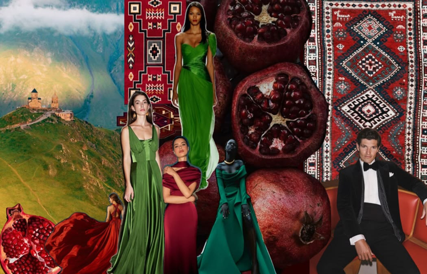 Dress code moodboard — deep reds and emerald greens with pomegranates, mountain landscape and traditional textiles